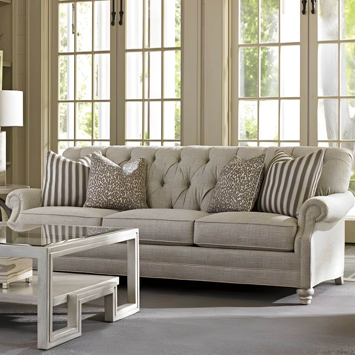 French Country Tufted Gray Linen-Cotton Sofa with Nailhead Trim Main Product Image Main image