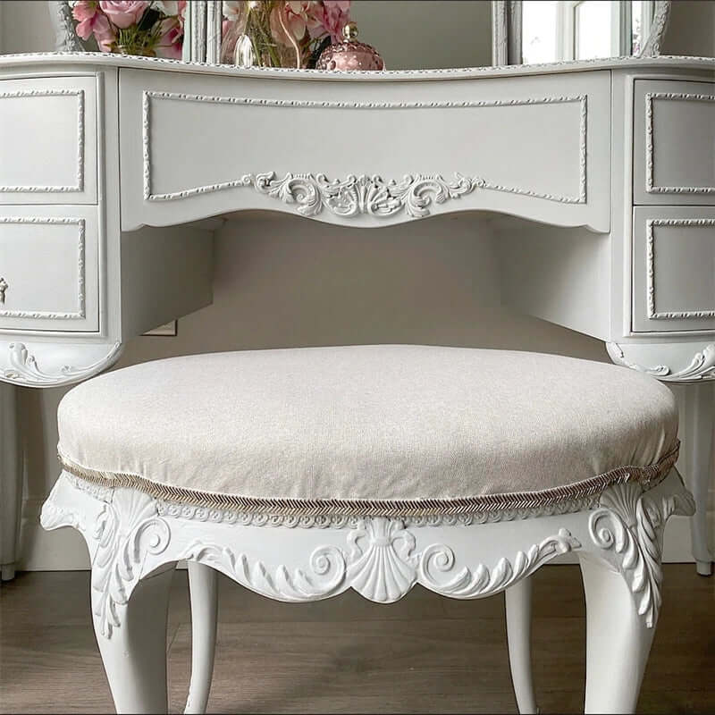 French Country Vanity with Mirror, Drawers & Stool