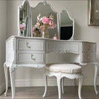 French Country Vanity with Mirror, Drawers & Stool