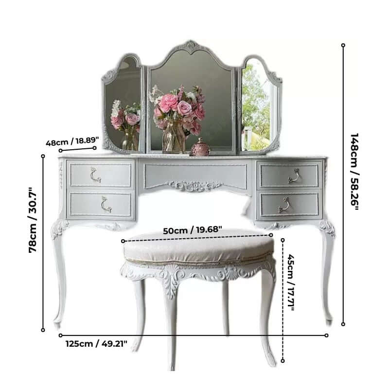 French Country Vanity with Mirror, Drawers & Stool