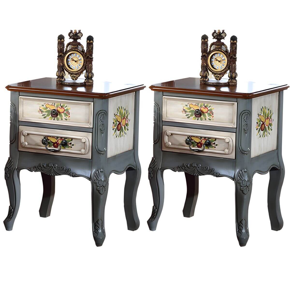 French Country Wood Nightstand with Distressed Finish and Cabriole Legs