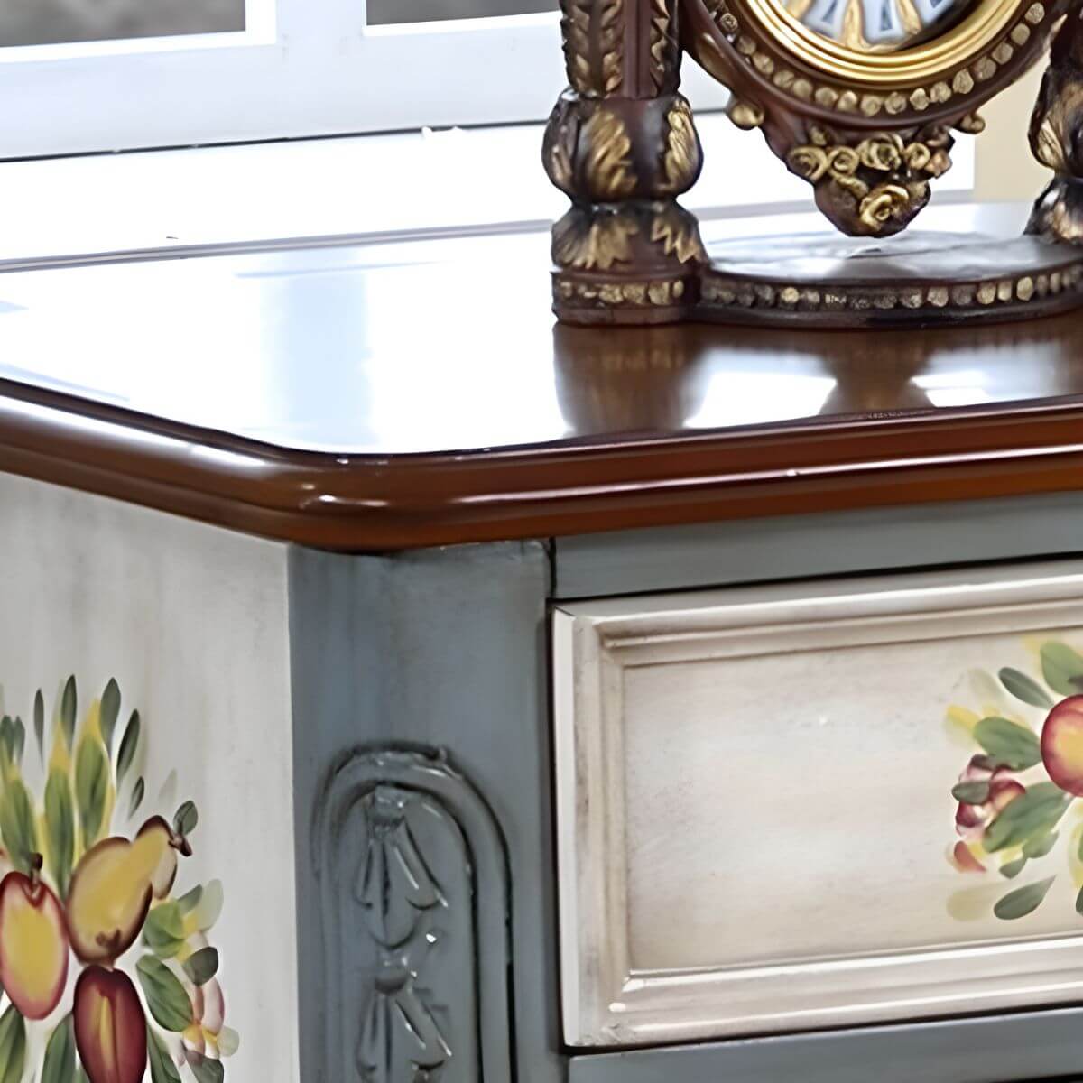 French Country Wood Nightstand with Distressed Finish and Cabriole Legs