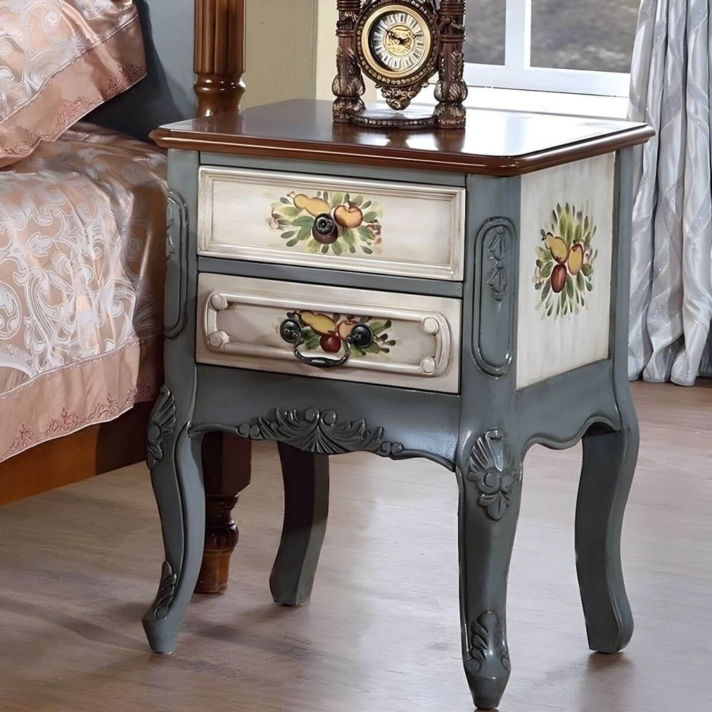 French Country Wood Nightstand with Distressed Finish and Cabriole Legs