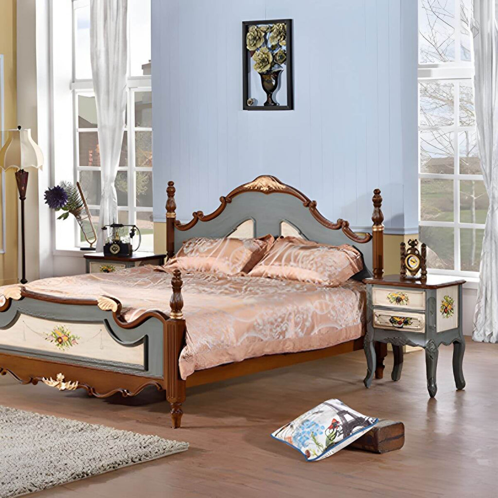 French Country Wood Nightstand with Distressed Finish and Cabriole Legs