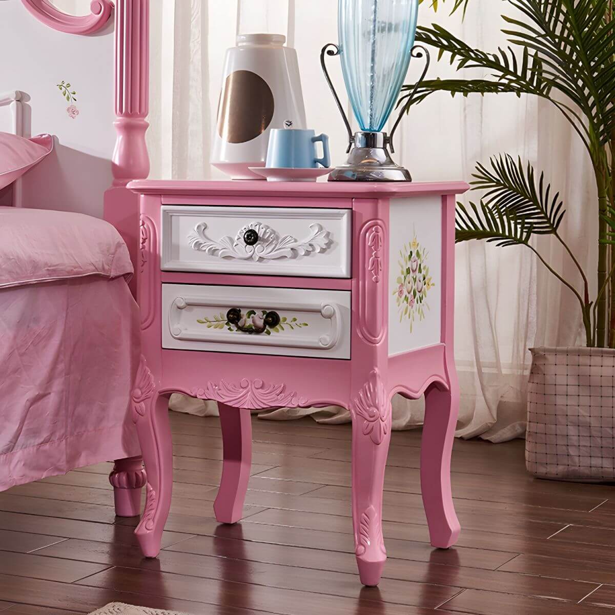 French Country Wood Nightstand with Distressed Finish and Cabriole Legs Secondary image