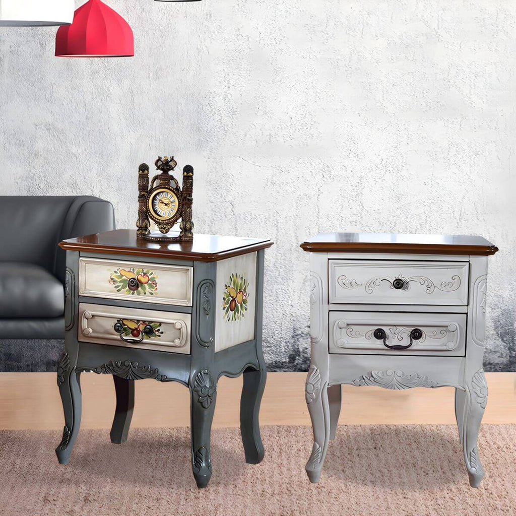 French Country Wood Nightstand with Distressed Finish and Cabriole Legs