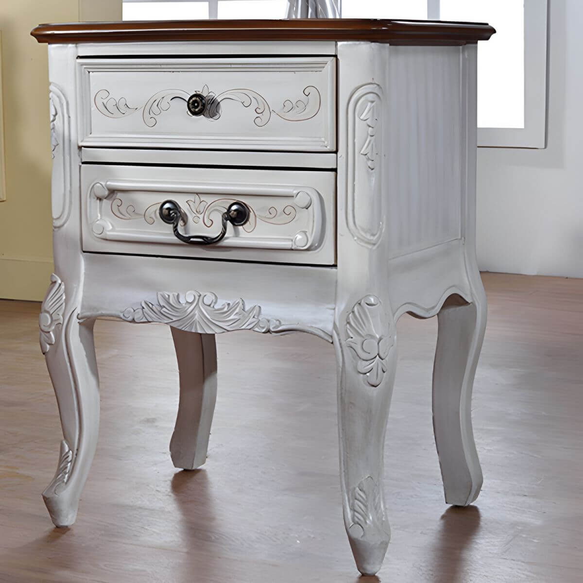 French Country Wood Nightstand with Distressed Finish and Cabriole Legs Main Product Image