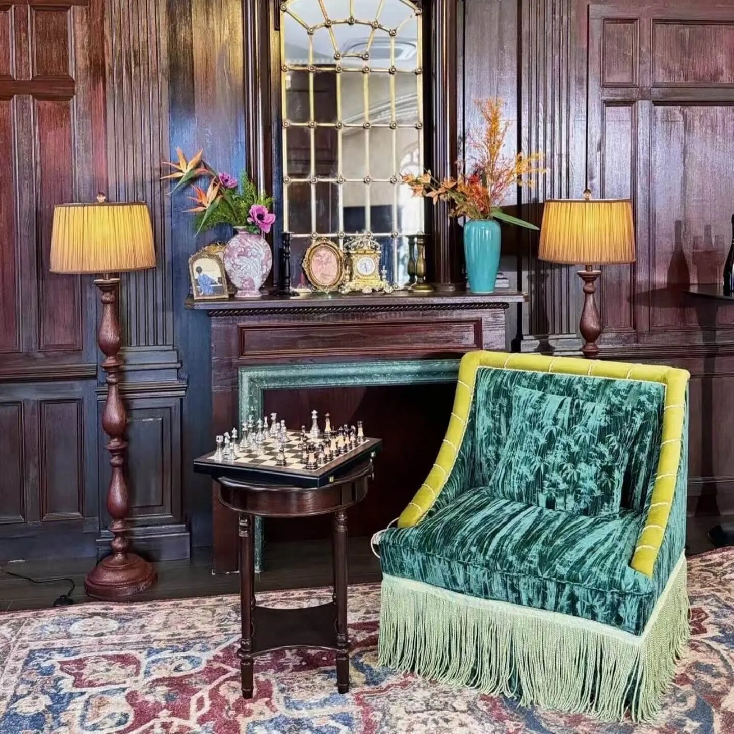French Deco Fringe Chair with Botanical Jacquard and Cocoon Arms