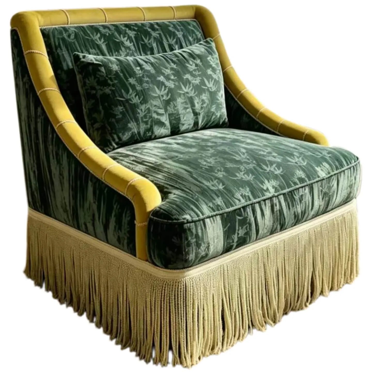 French Deco Fringe Chair with Botanical Jacquard and Cocoon Arms