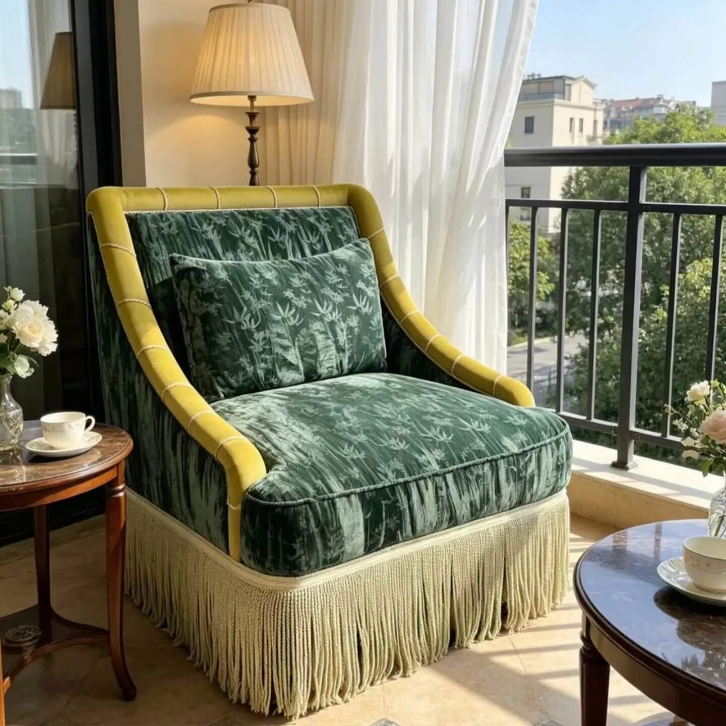 French Deco Fringe Chair with Botanical Jacquard and Cocoon Arms Main Product Image Main image