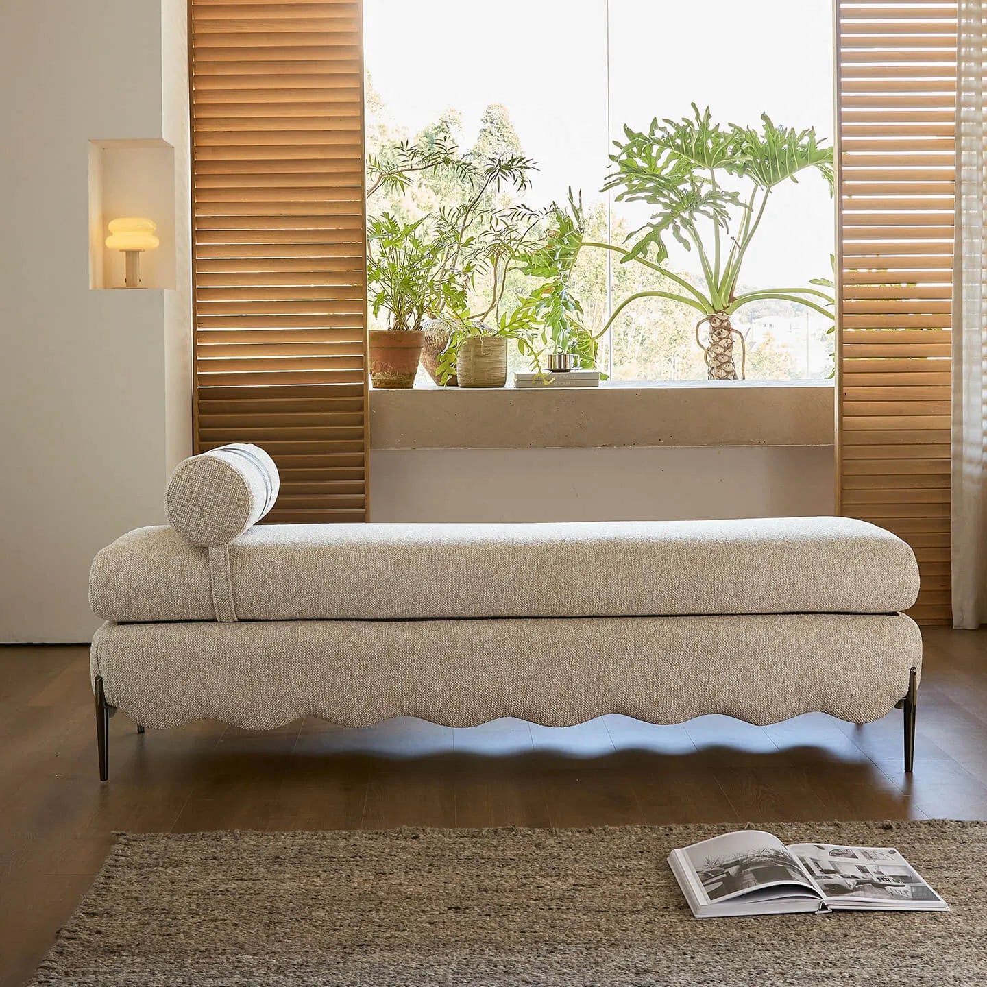 French-Inspired Fabric Bench With Scalloped Edge and Bolster Back