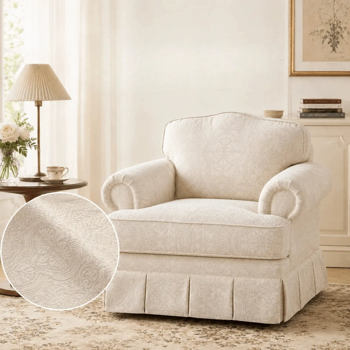 French-Inspired Pleated Skirt Sofa with Rolled Arms, Jacquard Upholstery
