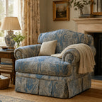 French-Inspired Pleated Skirt Sofa with Rolled Arms, Jacquard Upholstery