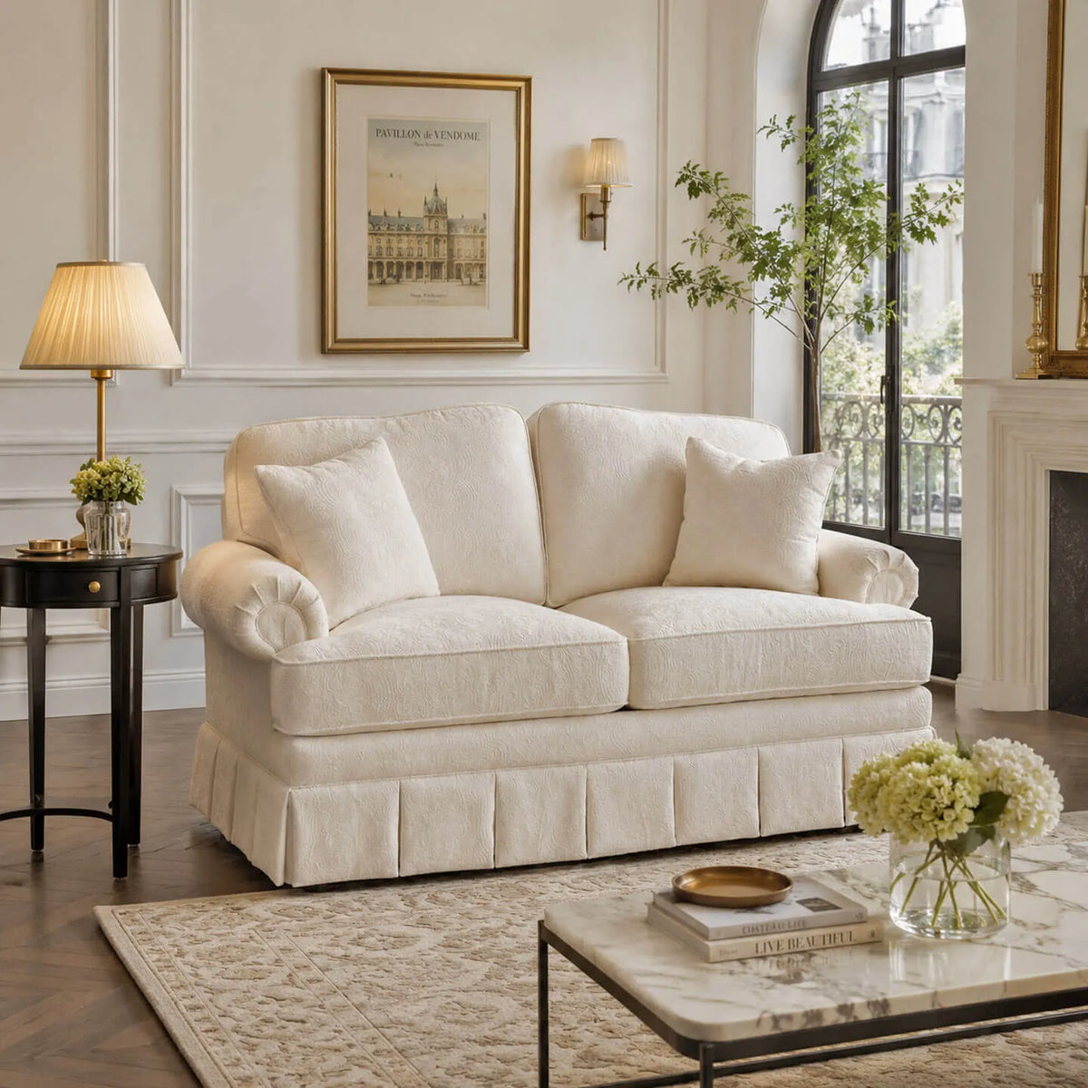 French-Inspired Pleated Skirt Sofa with Rolled Arms, Jacquard Upholstery