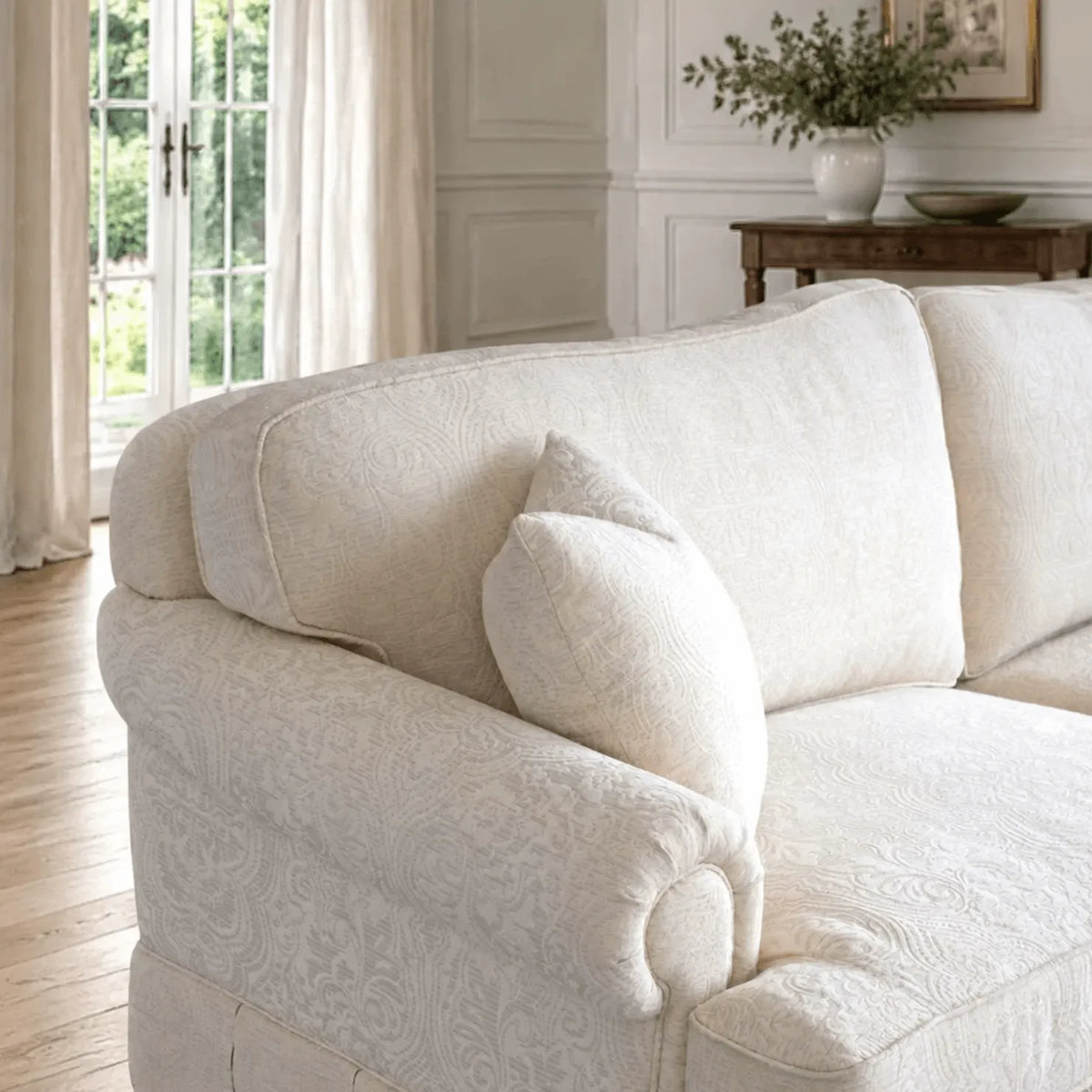French-Inspired Pleated Skirt Sofa with Rolled Arms, Jacquard Upholstery