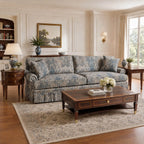 French-Inspired Pleated Skirt Sofa with Rolled Arms, Jacquard Upholstery
