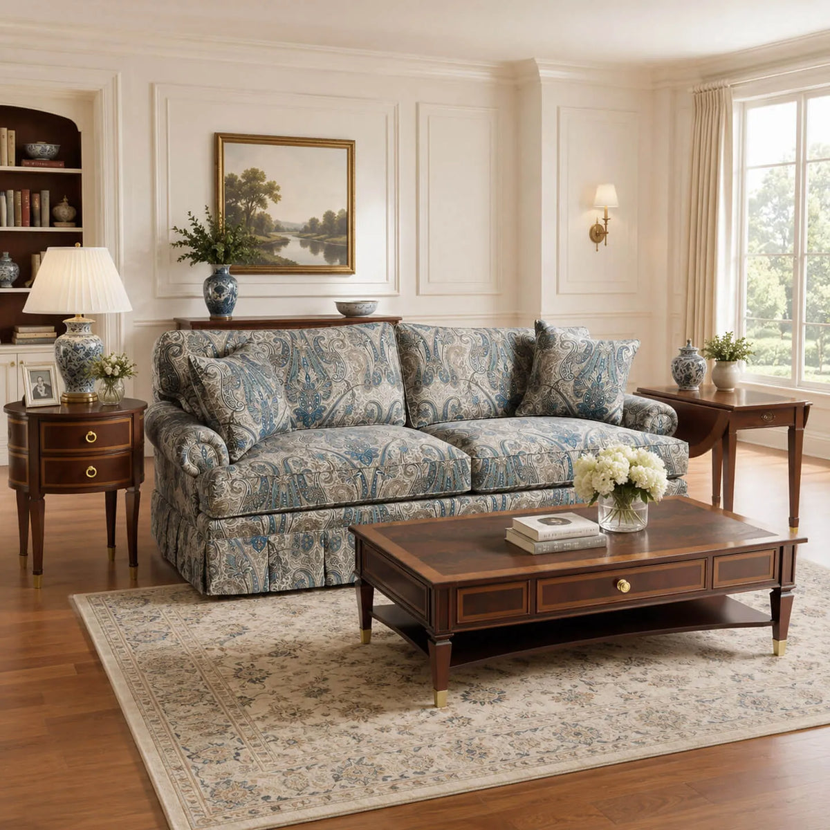 French-Inspired Pleated Skirt Sofa with Rolled Arms, Jacquard Upholstery