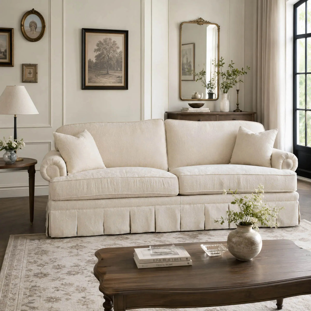 French-Inspired Pleated Skirt Sofa with Rolled Arms, Jacquard Upholstery