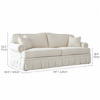 French-Inspired Pleated Skirt Sofa with Rolled Arms, Jacquard Upholstery Dimensions