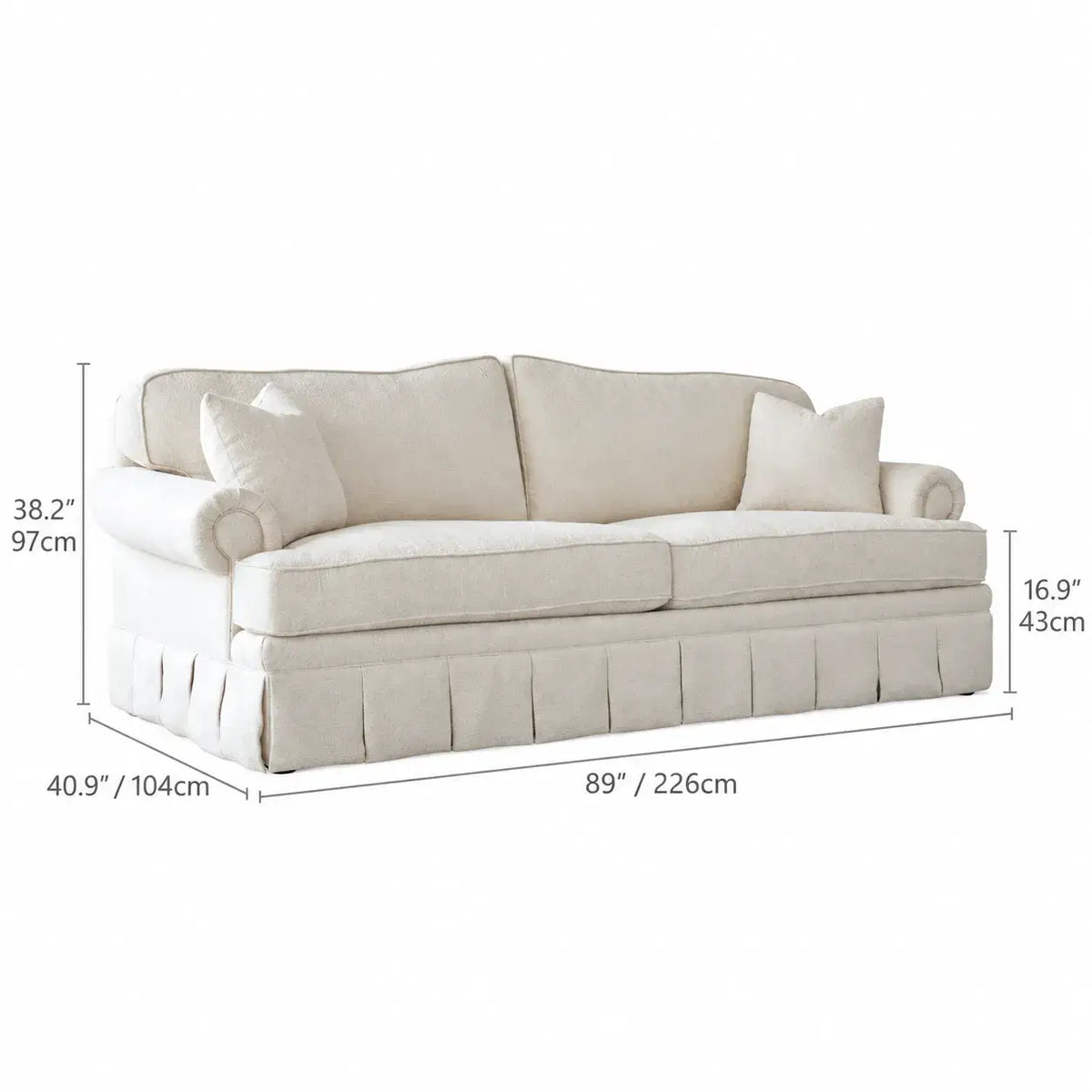 French-Inspired Pleated Skirt Sofa with Rolled Arms, Jacquard Upholstery Dimensions