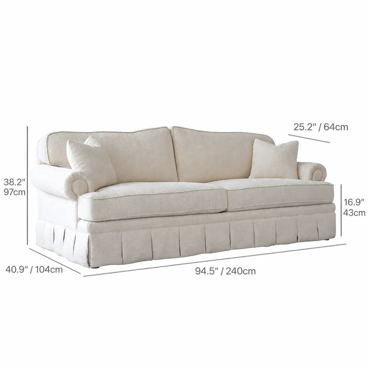 French-Inspired Pleated Skirt Sofa with Rolled Arms, Jacquard Upholstery Dimensions