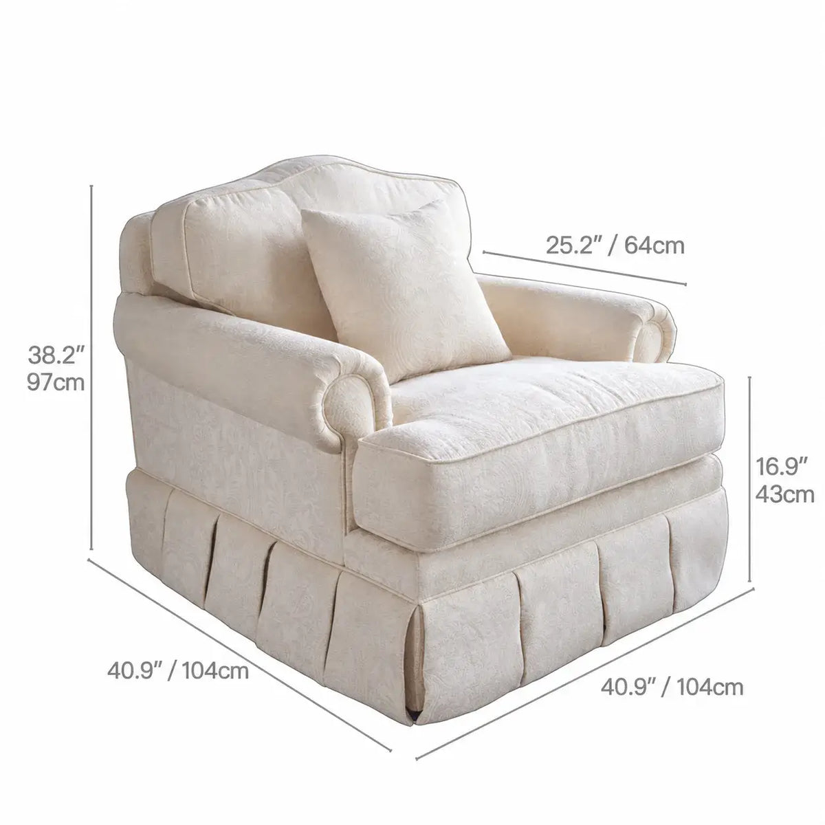 French-Inspired Pleated Skirt Sofa with Rolled Arms, Jacquard Upholstery Dimensions