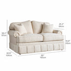 French-Inspired Pleated Skirt Sofa with Rolled Arms, Jacquard Upholstery Dimensions