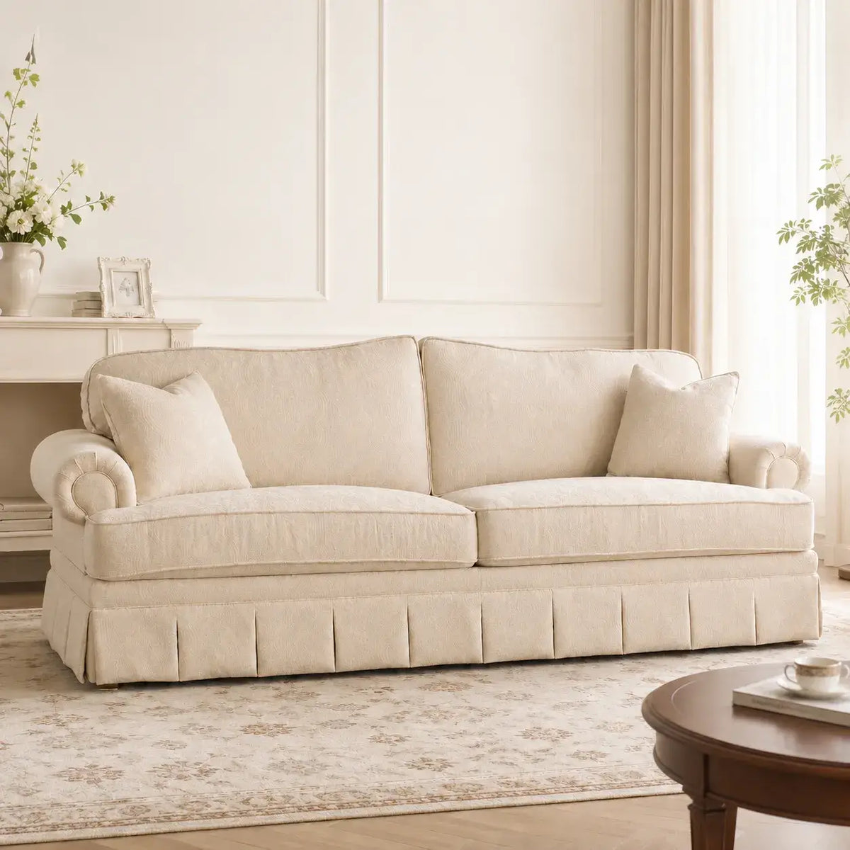 French-Inspired Pleated Skirt Sofa with Rolled Arms, Jacquard Upholstery Main Product Image