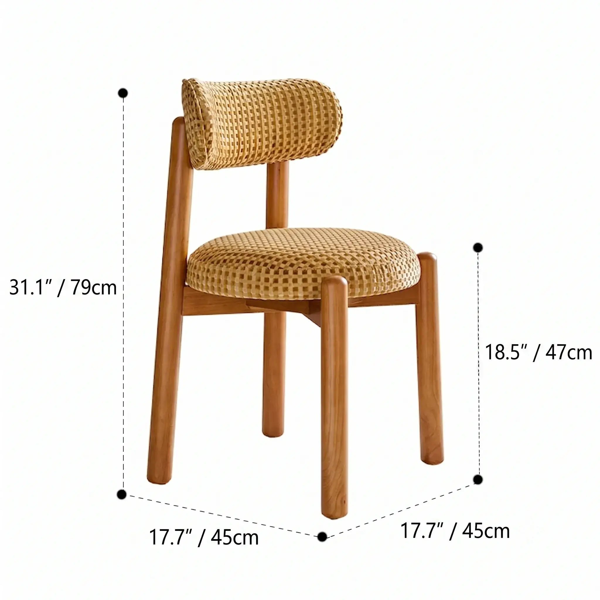 French-Inspired Vintage Wood Dining Chair with Plush Velvet Seat and Tapered Drum Feet Dimensions