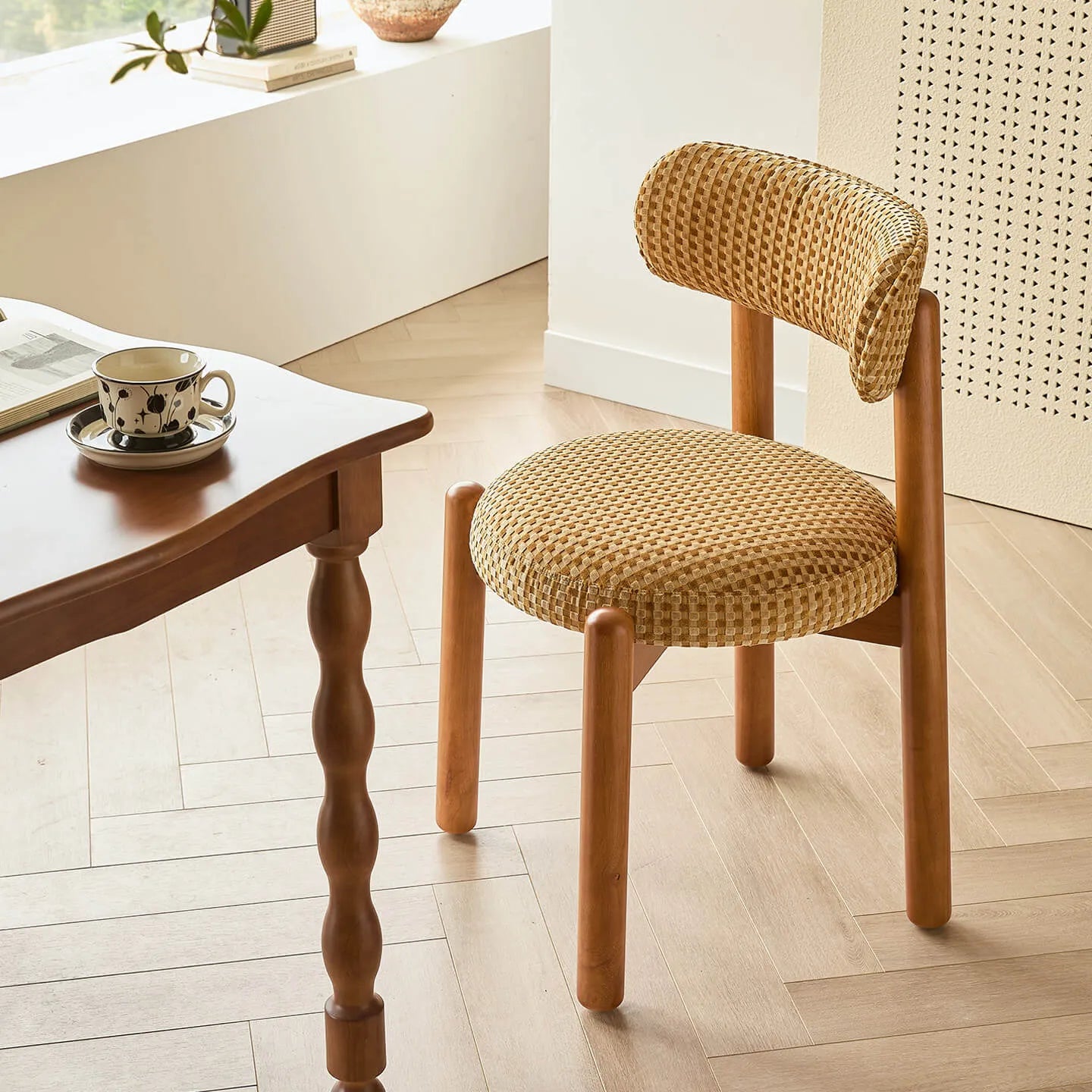 French-Inspired Vintage Wood Dining Chair with Plush Velvet Seat and Tapered Drum Feet