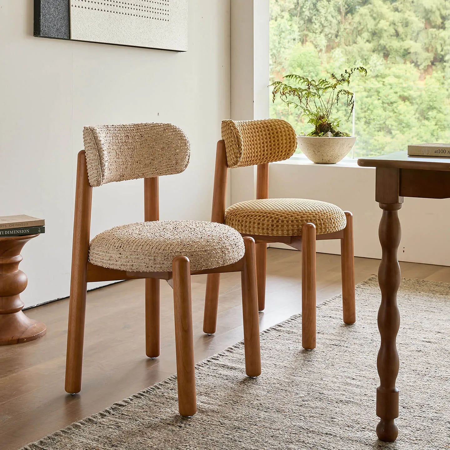French-Inspired Vintage Wood Dining Chair with Plush Velvet Seat and Tapered Drum Feet Main Product Image
