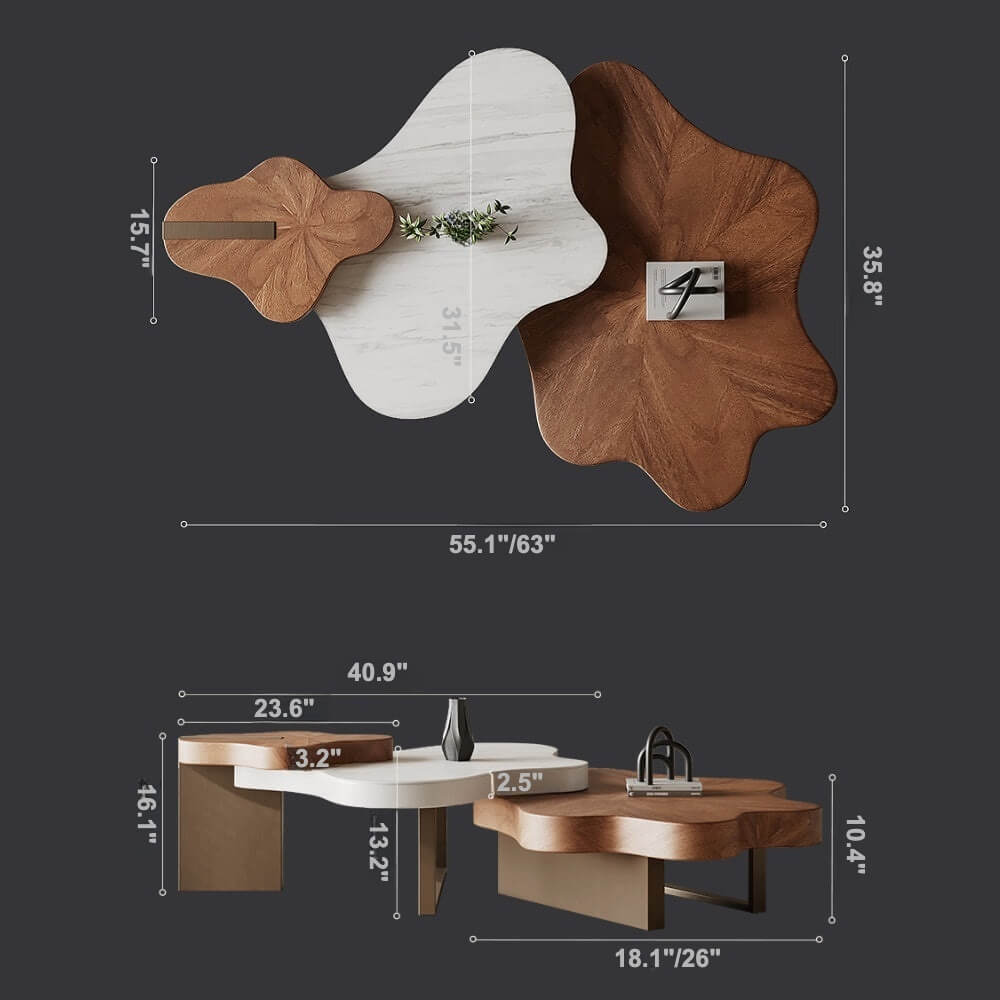 French Luxury Cloud Coffee Table With Marble And Walnut Finish Dimensions