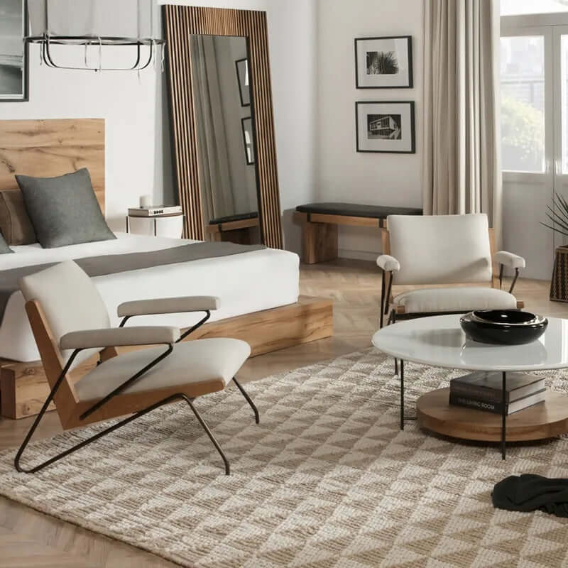 French Mid-Century Modern Armchair with Oak Armrests