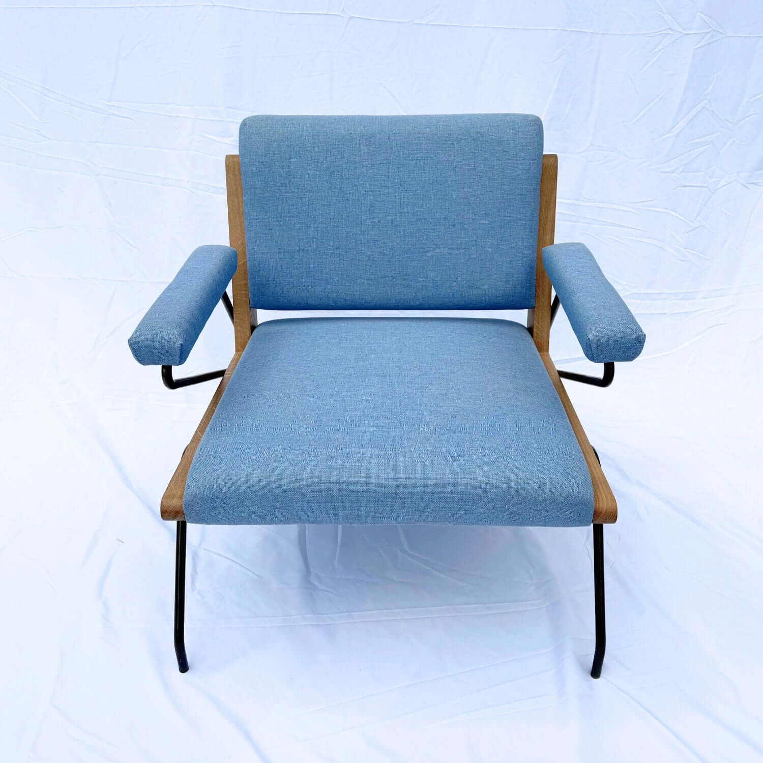 French Mid-Century Modern Armchair with Oak Armrests