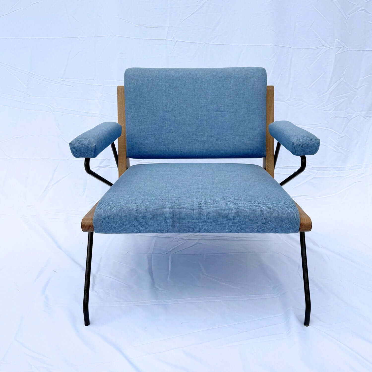 French Mid-Century Modern Armchair with Oak Armrests