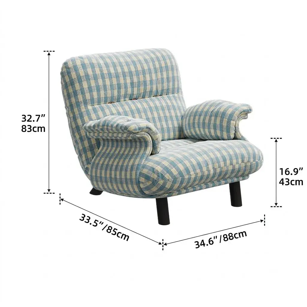 French Mid-Century Plaid Chair Armchair With Cloud Arms and Steel Legs
