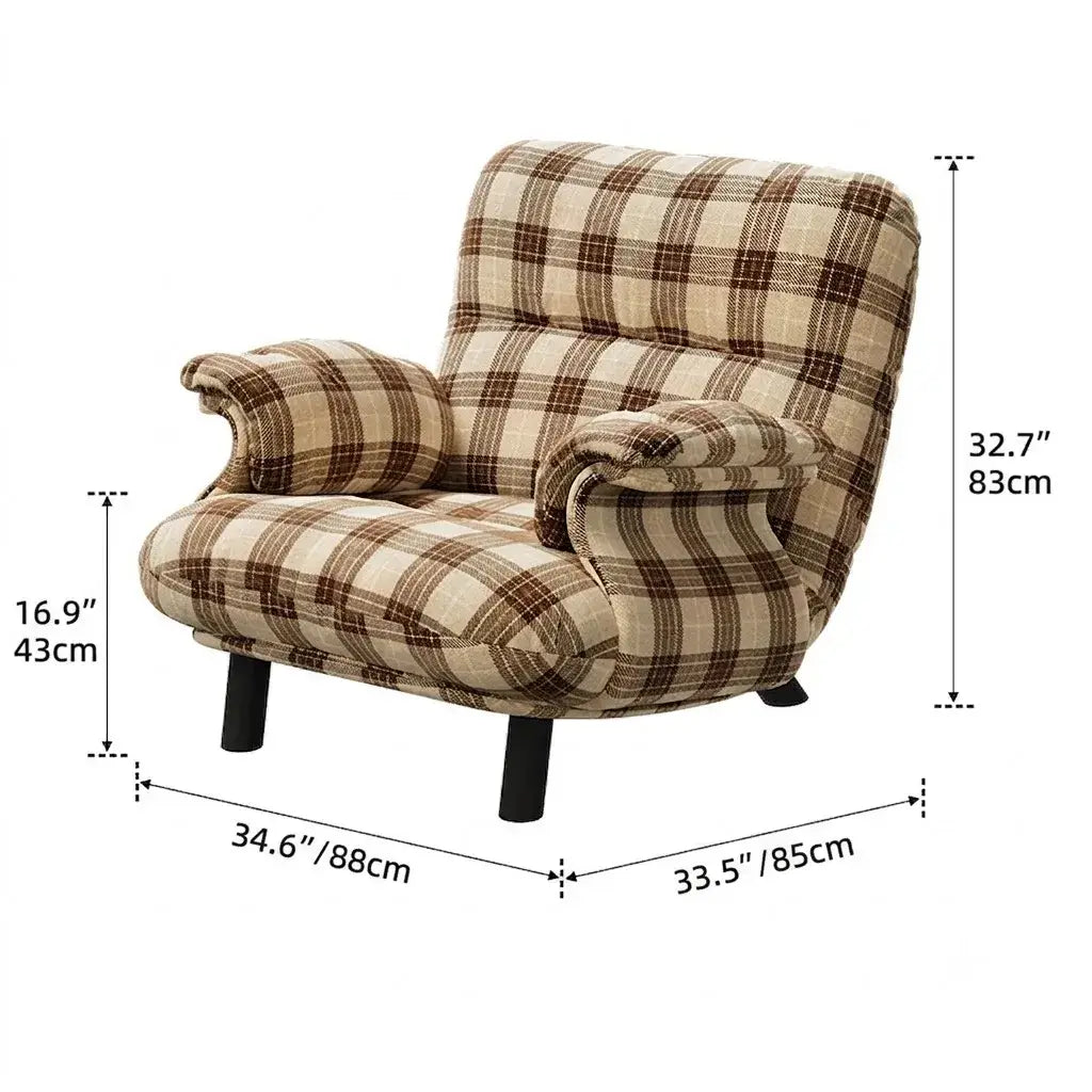 French Mid-Century Plaid Chair Armchair With Cloud Arms and Steel Legs