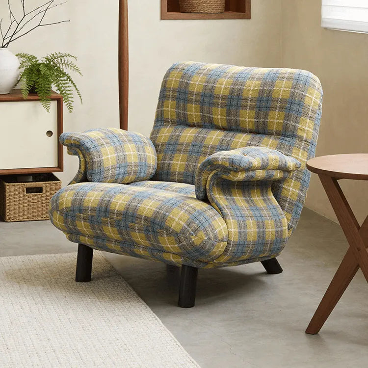 French Mid-Century Plaid Chair Armchair With Cloud Arms and Steel Legs