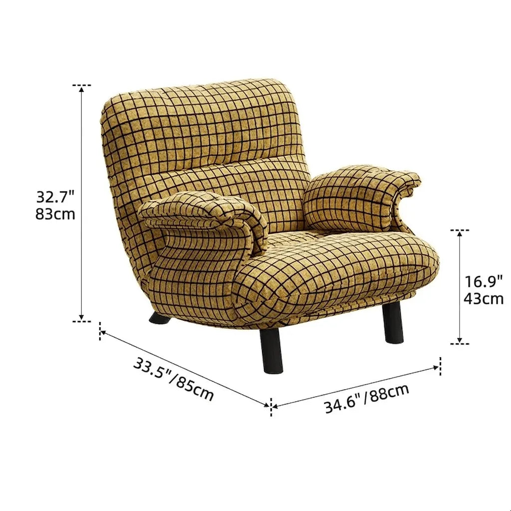 French Mid-Century Plaid Chair Armchair With Cloud Arms and Steel Legs