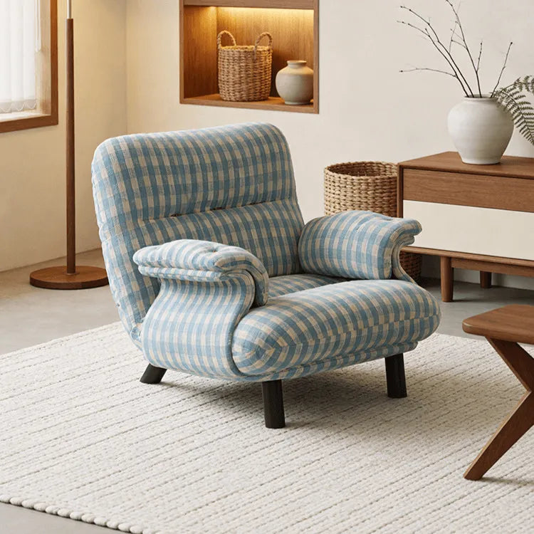 French Mid-Century Plaid Chair Armchair With Cloud Arms and Steel Legs