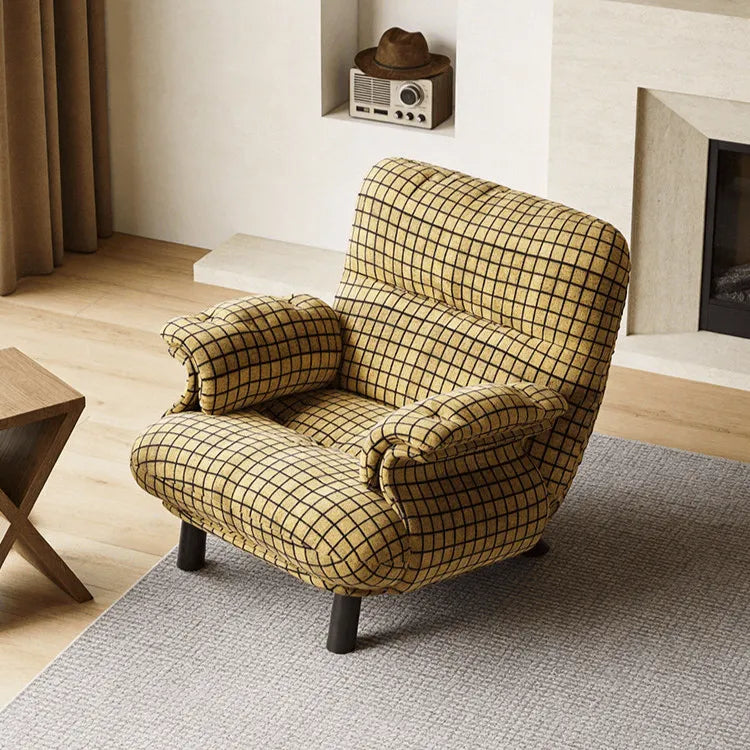 French Mid-Century Plaid Chair Armchair With Cloud Arms and Steel Legs Secondary image