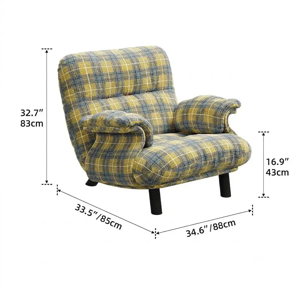 French Mid-Century Plaid Chair Armchair With Cloud Arms and Steel Legs Dimensions
