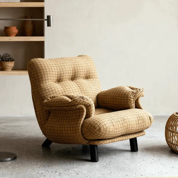 French Mid-Century Plaid Chair Armchair With Cloud Arms and Steel Legs Main Product Image Main image