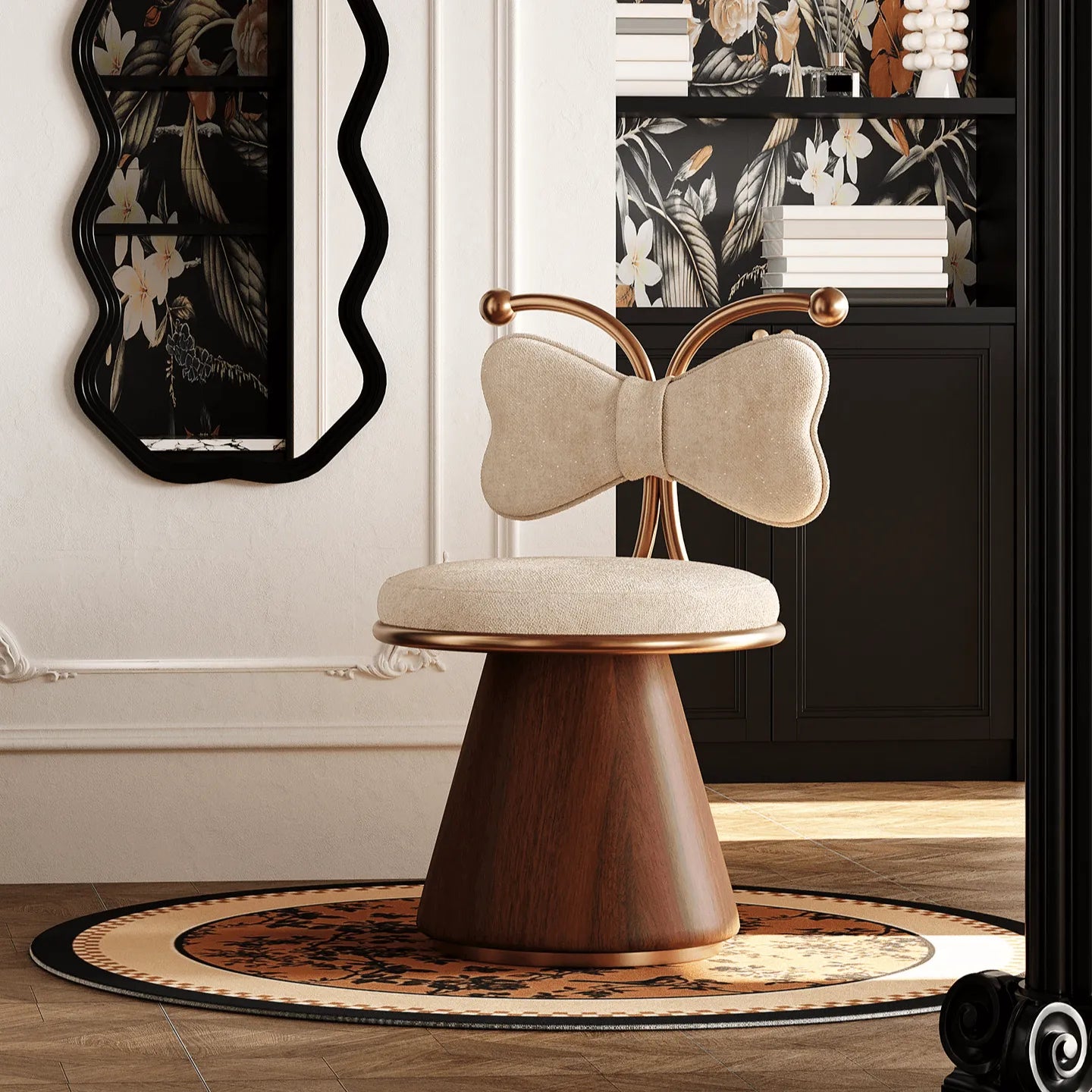 French Mid-Century Vanity Stool with Bow Back and Swivel Seat