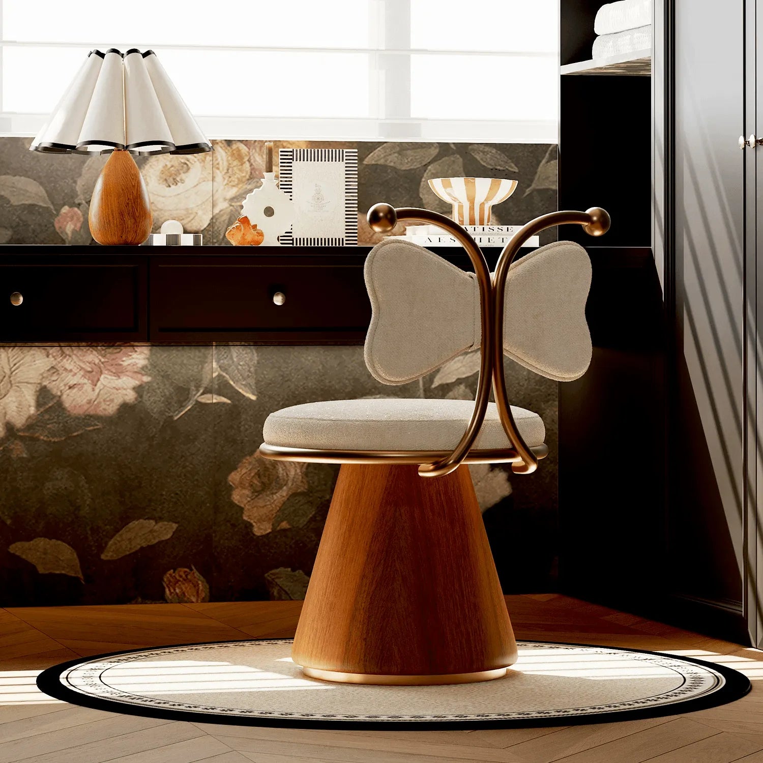 French Mid-Century Vanity Stool with Bow Back and Swivel Seat Secondary image
