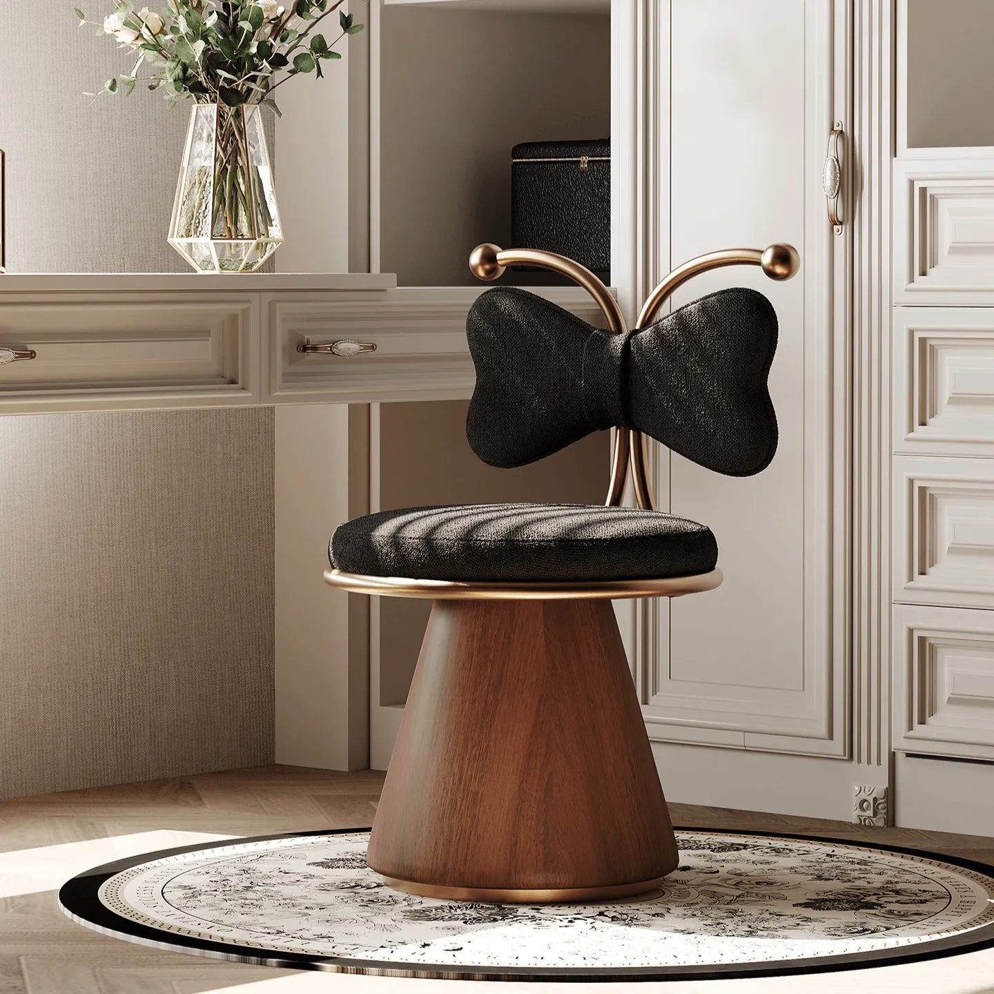 French Mid-Century Vanity Stool with Bow Back and Swivel Seat