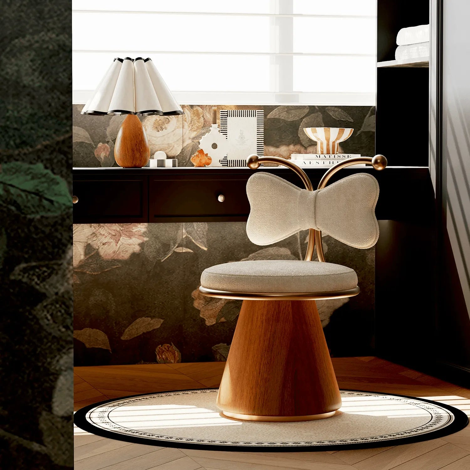 French Mid-Century Vanity Stool with Bow Back and Swivel Seat Main Product Image