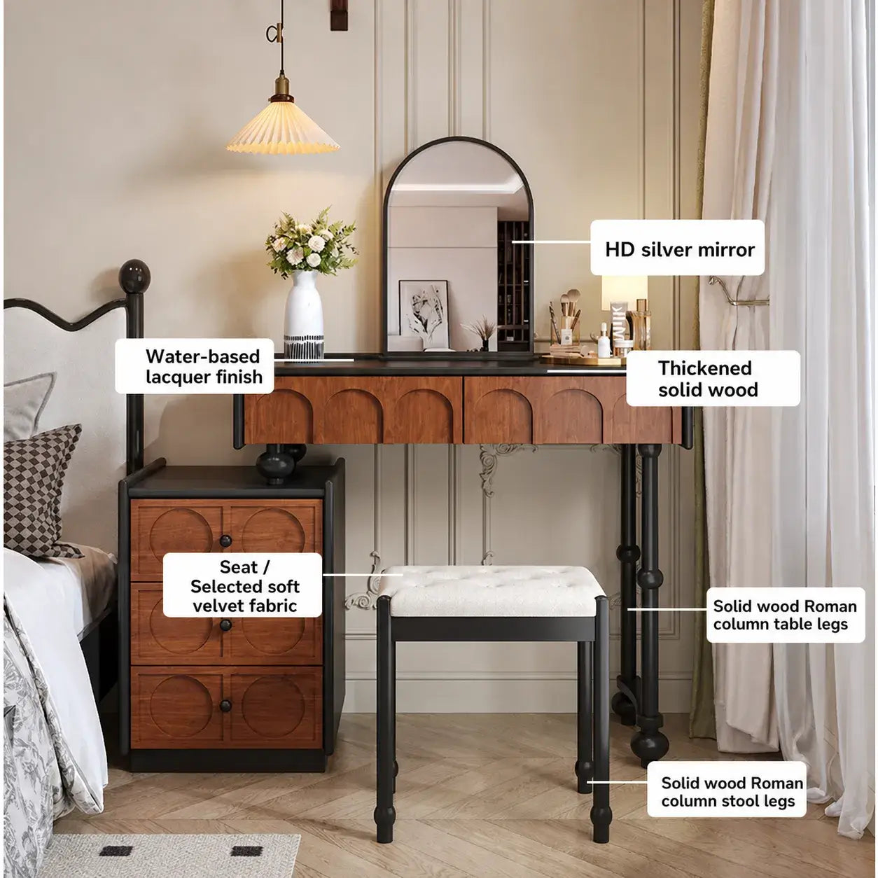 French Revival Makeup Vanity with Arched Mirror, Storage Chest and Roman Legs