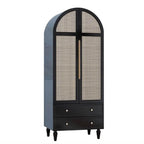 French Rustic Cane-Panel Wardrobe Armoire with Drawers