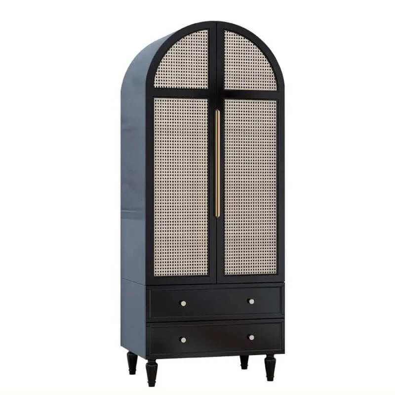 French Rustic Cane-Panel Wardrobe Armoire with Drawers